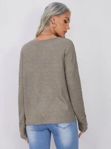 SHEIN LUNE Notched Neck Pocket Front Waffle Knit Top - Grey - View 2