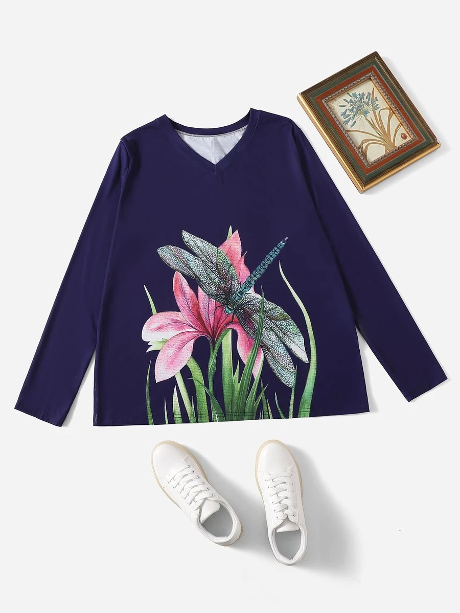 SHEIN Unity Dragonfly & Floral Print Tee - Purple - View 1
