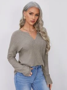 SHEIN LUNE Notched Neck Pocket Front Waffle Knit Top - Grey - View 3
