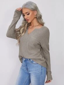 SHEIN LUNE Notched Neck Pocket Front Waffle Knit Top - Grey - View 4