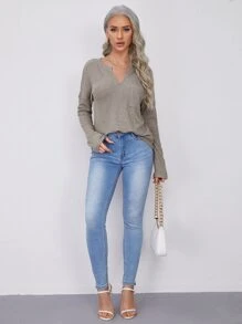 SHEIN LUNE Notched Neck Pocket Front Waffle Knit Top - Grey - View 5