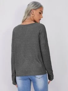SHEIN LUNE 缺口領前口袋華夫格針織上衣 - 深灰色 - 查看 2