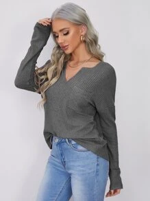SHEIN LUNE 缺口領前口袋華夫格針織上衣 - 深灰色 - 查看 3