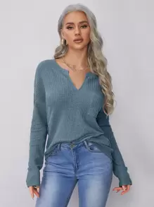 SHEIN LUNE Notched Neck Pocket Front Waffle Knit Top - Cadet Blue - View 1