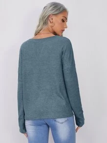 SHEIN LUNE Notched Neck Pocket Front Waffle Knit Top - Cadet Blue - View 2