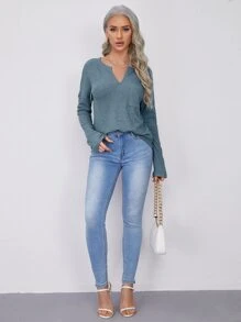 SHEIN LUNE Notched Neck Pocket Front Waffle Knit Top - Cadet Blue - View 3