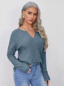 SHEIN LUNE Notched Neck Pocket Front Waffle Knit Top - Cadet Blue - View 4