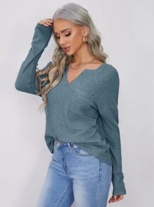 SHEIN LUNE Notched Neck Pocket Front Waffle Knit Top - Cadet Blue - View 5