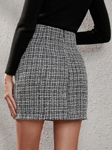 Falda con diseño de botón de cuadros tweed - Blanco y Negro - Ver 2
