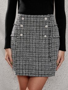 Falda con diseño de botón de cuadros tweed - Blanco y Negro - Ver 4