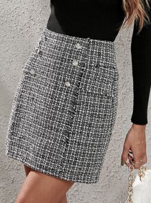 Falda con diseño de botón de cuadros tweed - Blanco y Negro - Ver 6