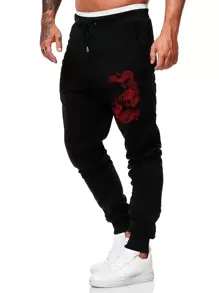 ROMWE MEN Anime Men Chinese Dragon Graphic Drawstring Sweatpants - Black - View 3