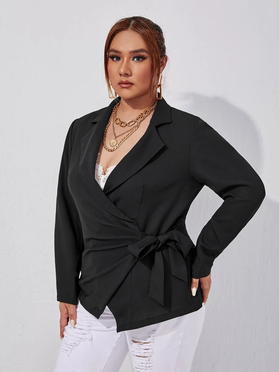 SHEIN Privé Plus Lapel Neck Tie Side Blazer - Black - View 1