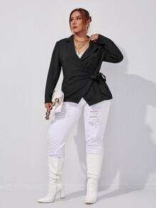 SHEIN Privé Plus Lapel Neck Tie Side Blazer - Black - View 4