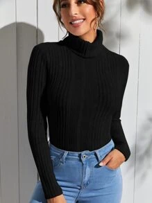 SHEIN Clasi Áo thun nữ Gân đan màu trơn Cơ bản - màu đen - Xem 1