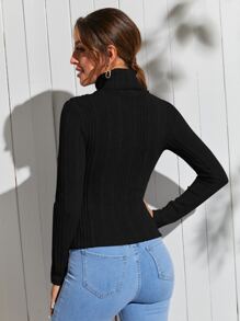 SHEIN Clasi Áo thun nữ Gân đan màu trơn Cơ bản - màu đen - Xem 2