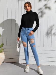 SHEIN Clasi Áo thun nữ Gân đan màu trơn Cơ bản - màu đen - Xem 3