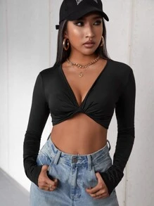 SHEIN Essnce Áo nữ xoắn lại màu trơn Gợi cảm - màu đen - Xem 1