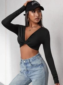 SHEIN Essnce Áo nữ xoắn lại màu trơn Gợi cảm - màu đen - Xem 4