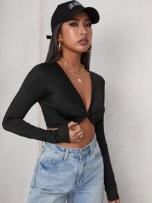 SHEIN Essnce Áo nữ xoắn lại màu trơn Gợi cảm - màu đen - Xem 5