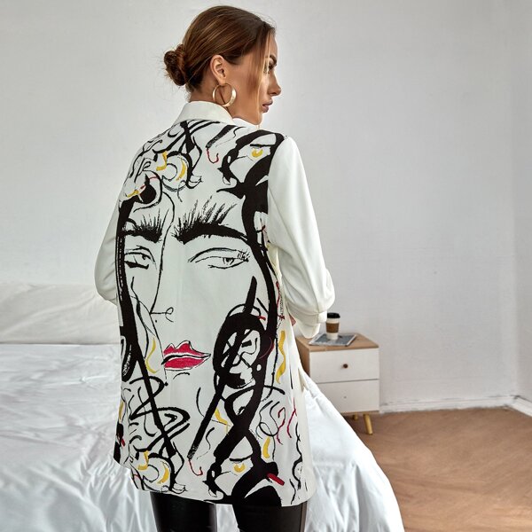 

Letter & Figure Graphic Shawl Collar Blazer, Beige