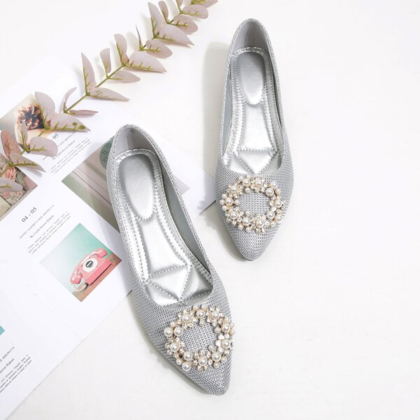 

Faux Pearl Decor Point Toe Ballet Flats, Silver