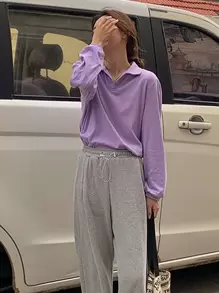Áo chui đầu Chất rắn Cổ Polo - Màu Lilac Tím - Xem 1