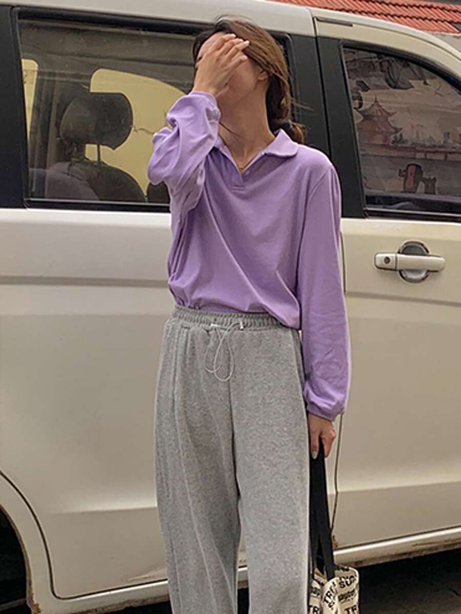 Áo chui đầu Chất rắn Cổ Polo - Màu Lilac Tím - Xem 1