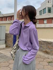 Áo chui đầu Chất rắn Cổ Polo - Màu Lilac Tím - Xem 3