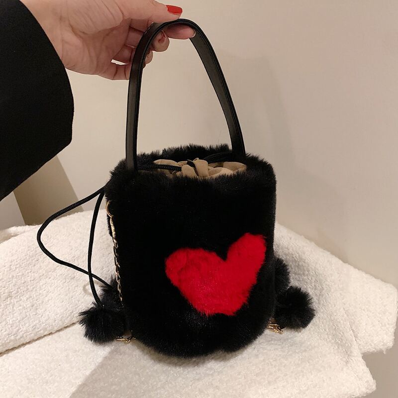 

Heart Graphic Fluffy Bucket Bag, Black