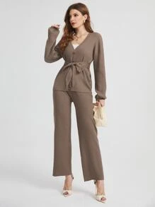 SHEIN 落肩袖腰帶開襟衫和針織長褲 - 摩卡棕 - 查看 1