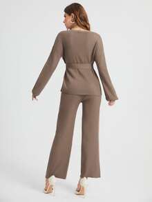 SHEIN 落肩袖腰帶開襟衫和針織長褲 - 摩卡棕 - 查看 2