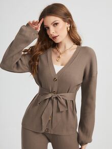 SHEIN 落肩袖腰帶開襟衫和針織長褲 - 摩卡棕 - 查看 3