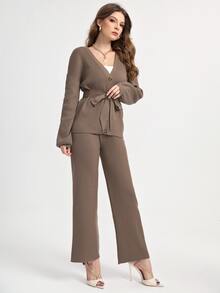 SHEIN 落肩袖腰帶開襟衫和針織長褲 - 摩卡棕 - 查看 5