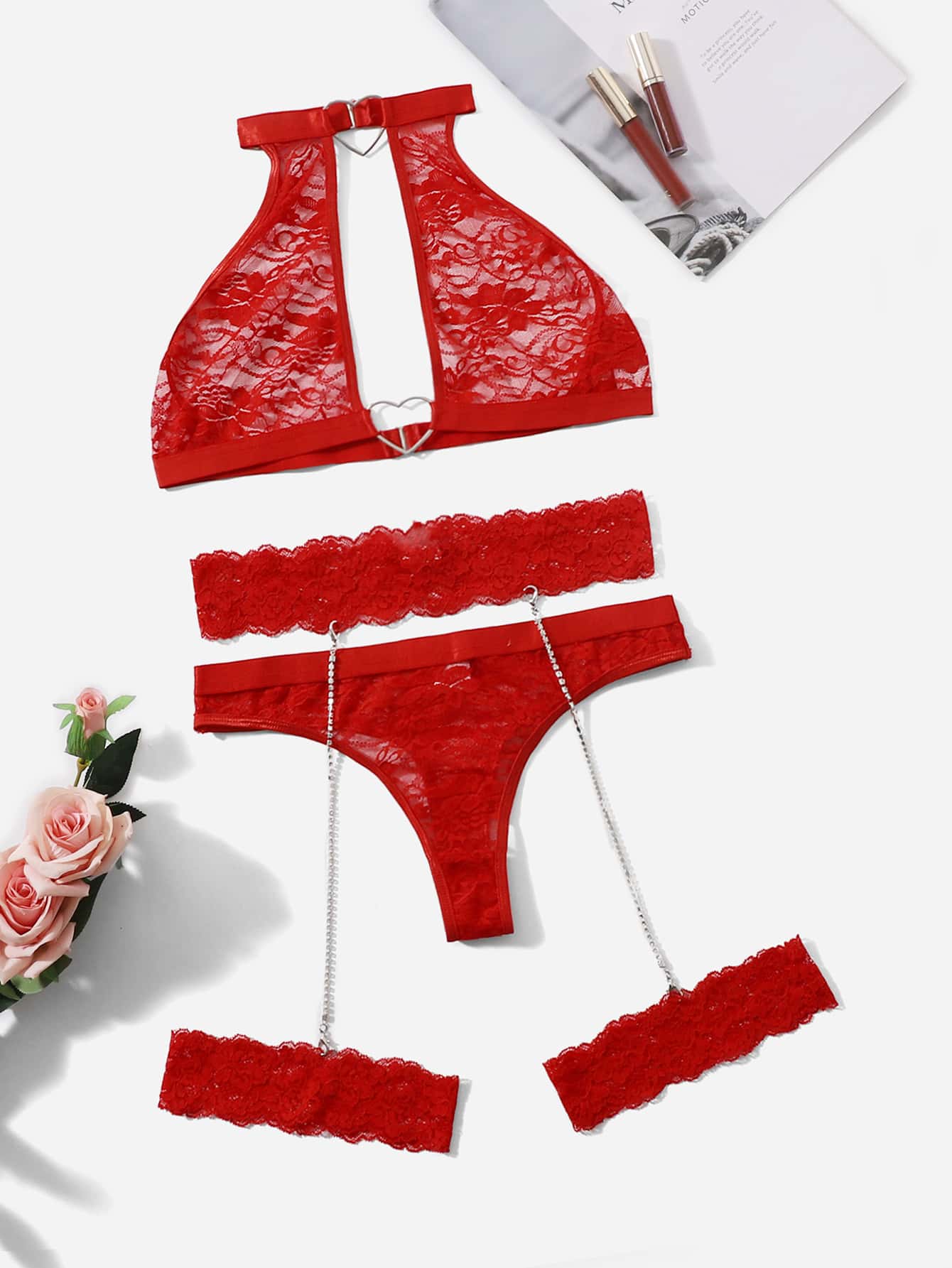 con encaje floral con corazón Anillo Set de lencería con 1 par - Rojo - Ver 1