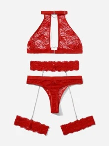 con encaje floral con corazón Anillo Set de lencería con 1 par - Rojo - Ver 2