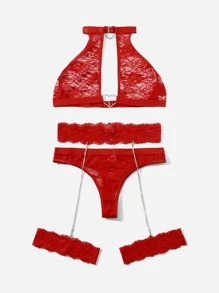 con encaje floral con corazón Anillo Set de lencería con 1 par - Rojo - Ver 4