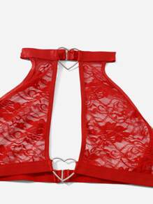 con encaje floral con corazón Anillo Set de lencería con 1 par - Rojo - Ver 5