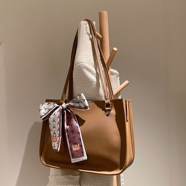 

Twilly Scarf Decor Shoulder Tote Bag, Khaki