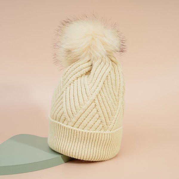 

Pom Pom Knit Hat, Beige