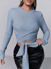 SHEIN SXY Áo thun nữ Cắt ra Trọn gói Thắt nơ trước màu trơn Thanh lịch - Màu xanh bụi bặm - Xem 1