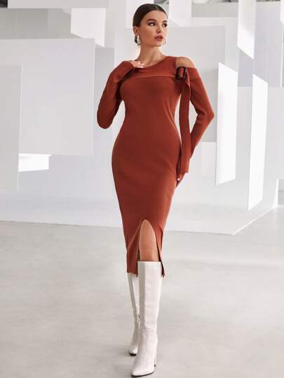 Seusyu Draperad Slits Slätt Elegant Sweater Klänning