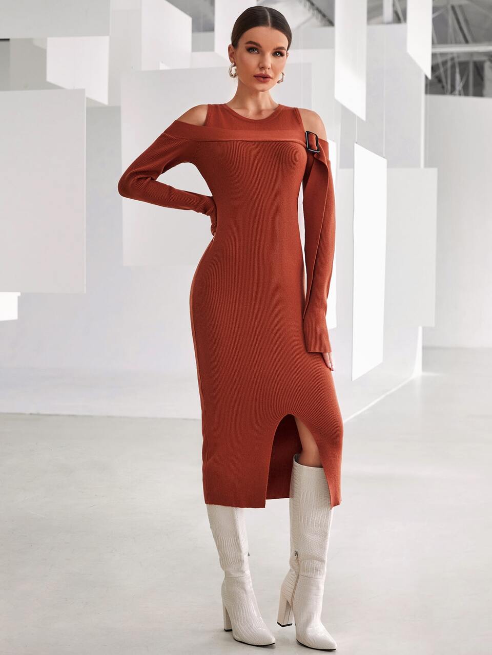 Cold Shoulder Buckled Detail Split Hem Sweater Dress