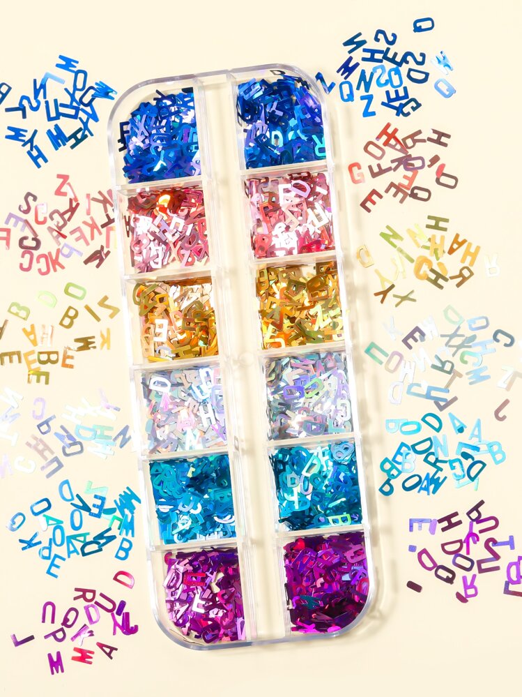 1 box Letter Design Paljett Nail Art Dekoration - Multifärgad - Visa 1