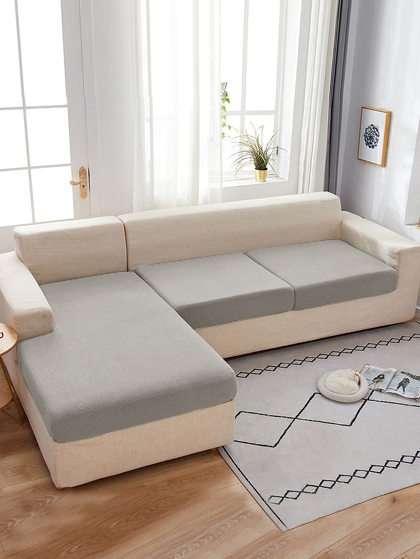 素色有彈性沙發套 - 灰色 - 查看 1