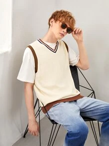 Manfinity Men Striped Trim Sweater Vest Without Tee - Beige - View 1