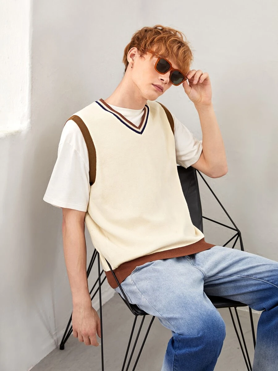 Manfinity Men Striped Trim Sweater Vest Without Tee - Beige - View 1