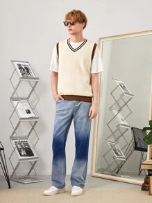 Manfinity Men Striped Trim Sweater Vest Without Tee - Beige - View 3