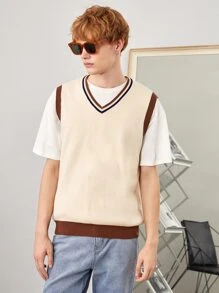 Manfinity Men Striped Trim Sweater Vest Without Tee - Beige - View 4