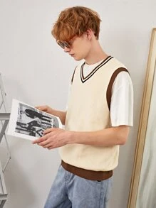 Manfinity Men Striped Trim Sweater Vest Without Tee - Beige - View 5